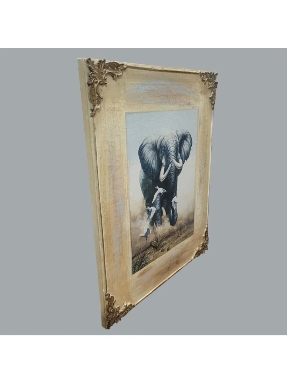 Elephant Egret Stretched Canvas Wall Art Print Wooden Frame
